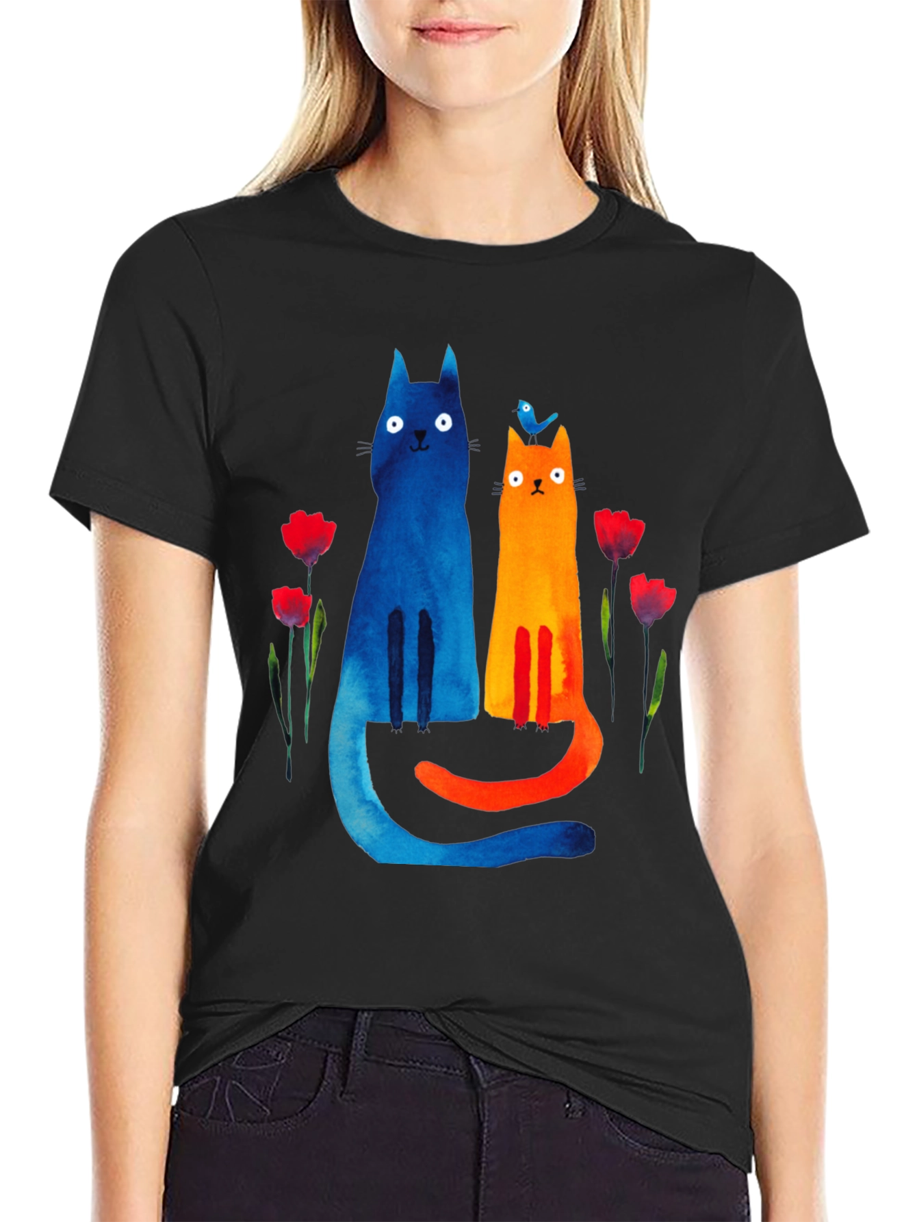 Whimsical Cat & Bird Graphic Tee