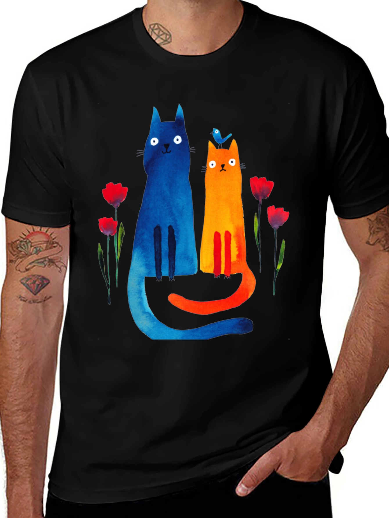 Whimsical Cat & Bird Graphic Tee