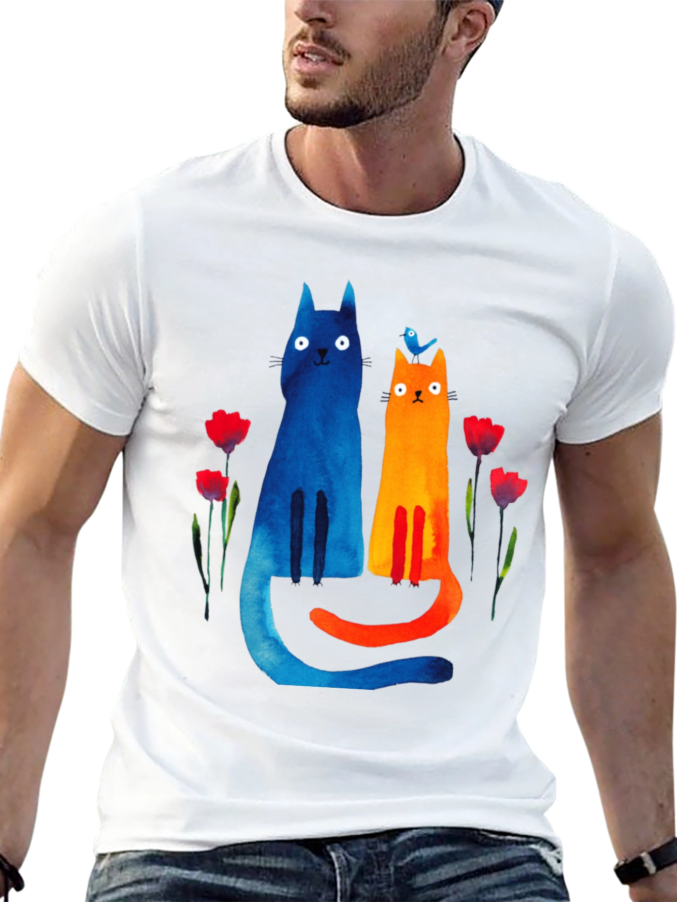 Whimsical Cat & Bird Graphic Tee