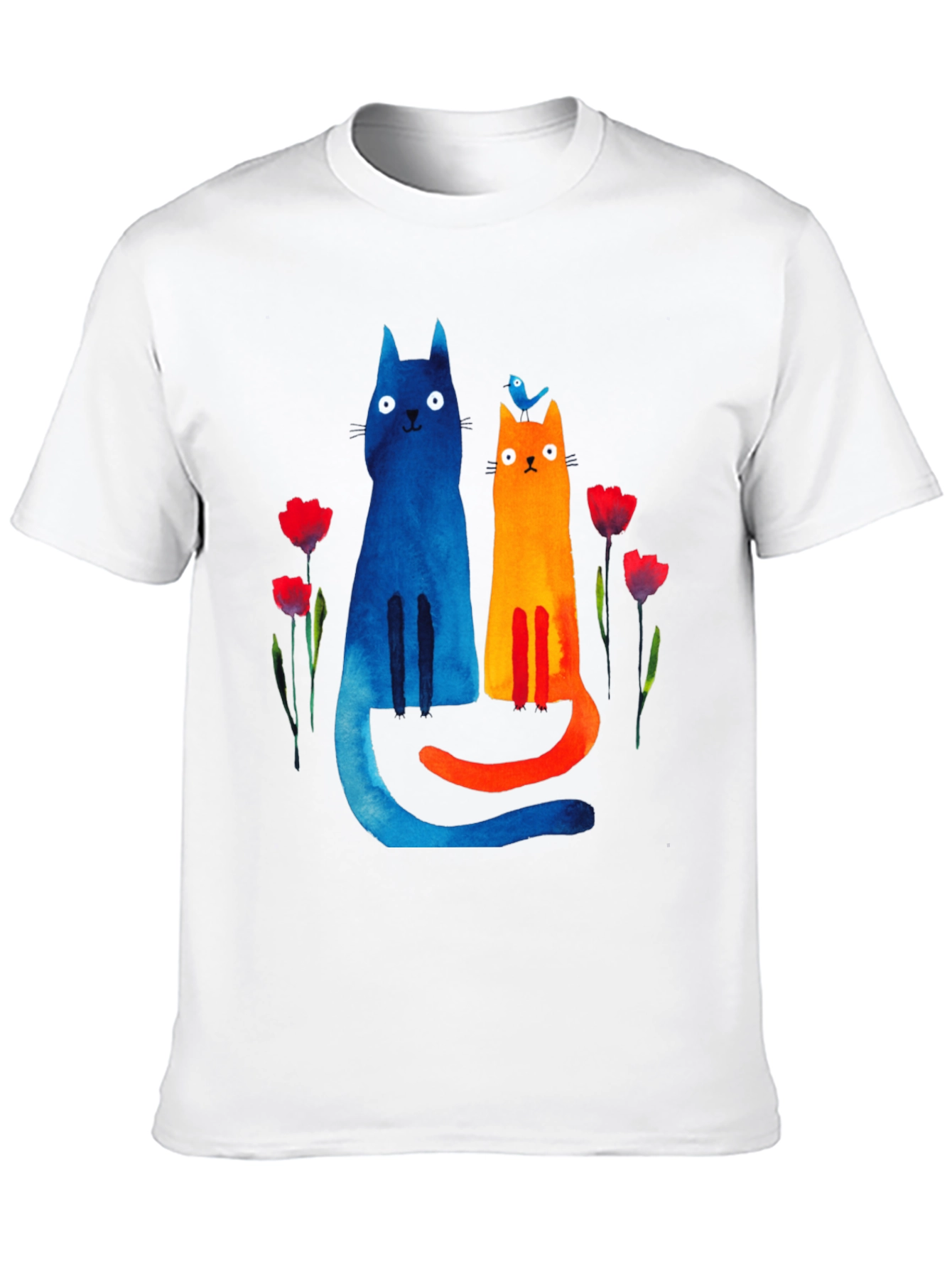 Whimsical Cat & Bird Graphic Tee