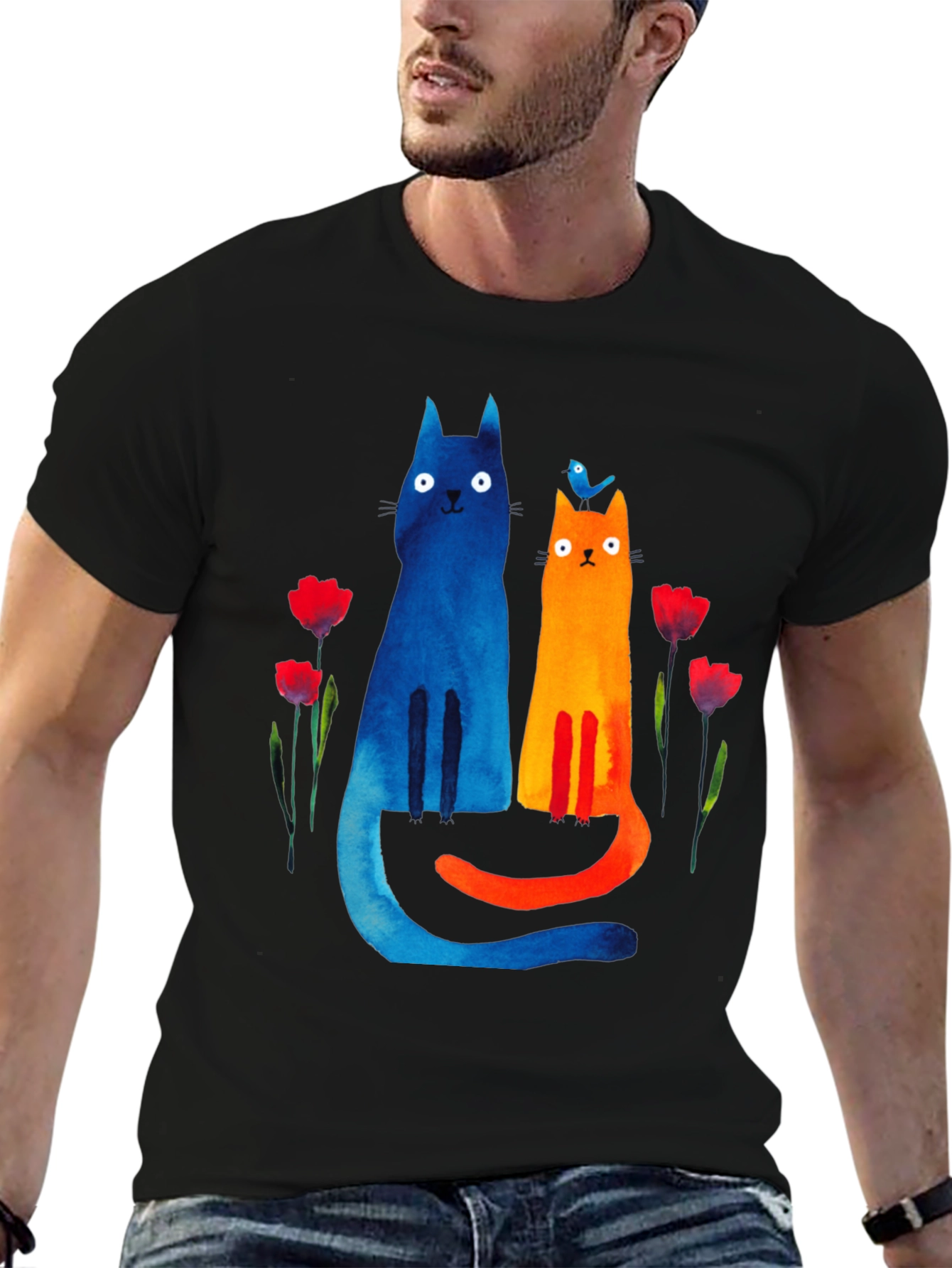 Whimsical Cat & Bird Graphic Tee
