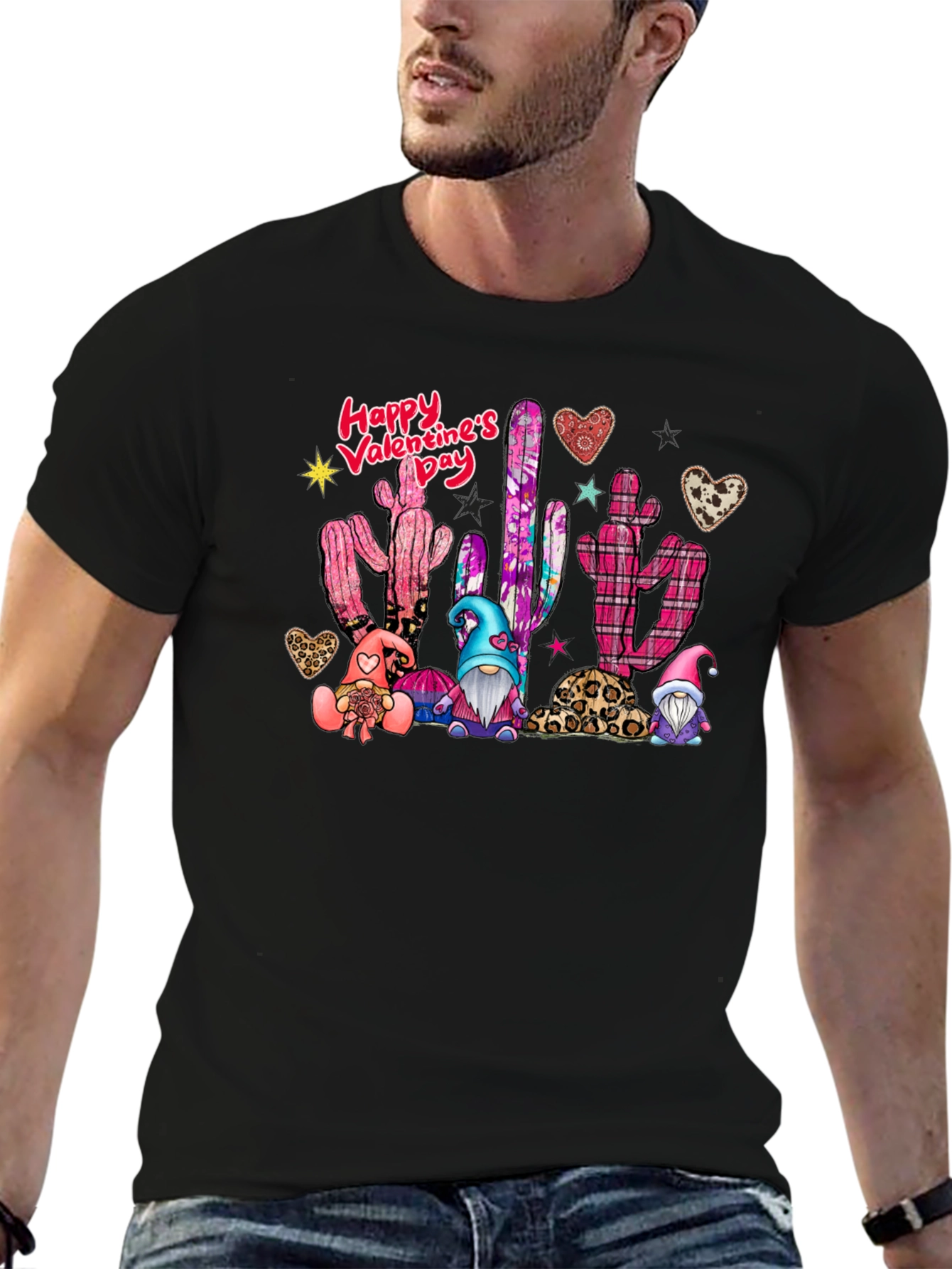 Valentines Day Cactus Gnomes Black T-Shirt