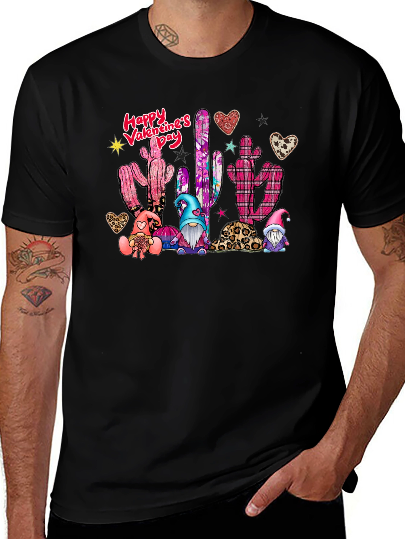 Valentines Day Cactus Gnomes Black T-Shirt