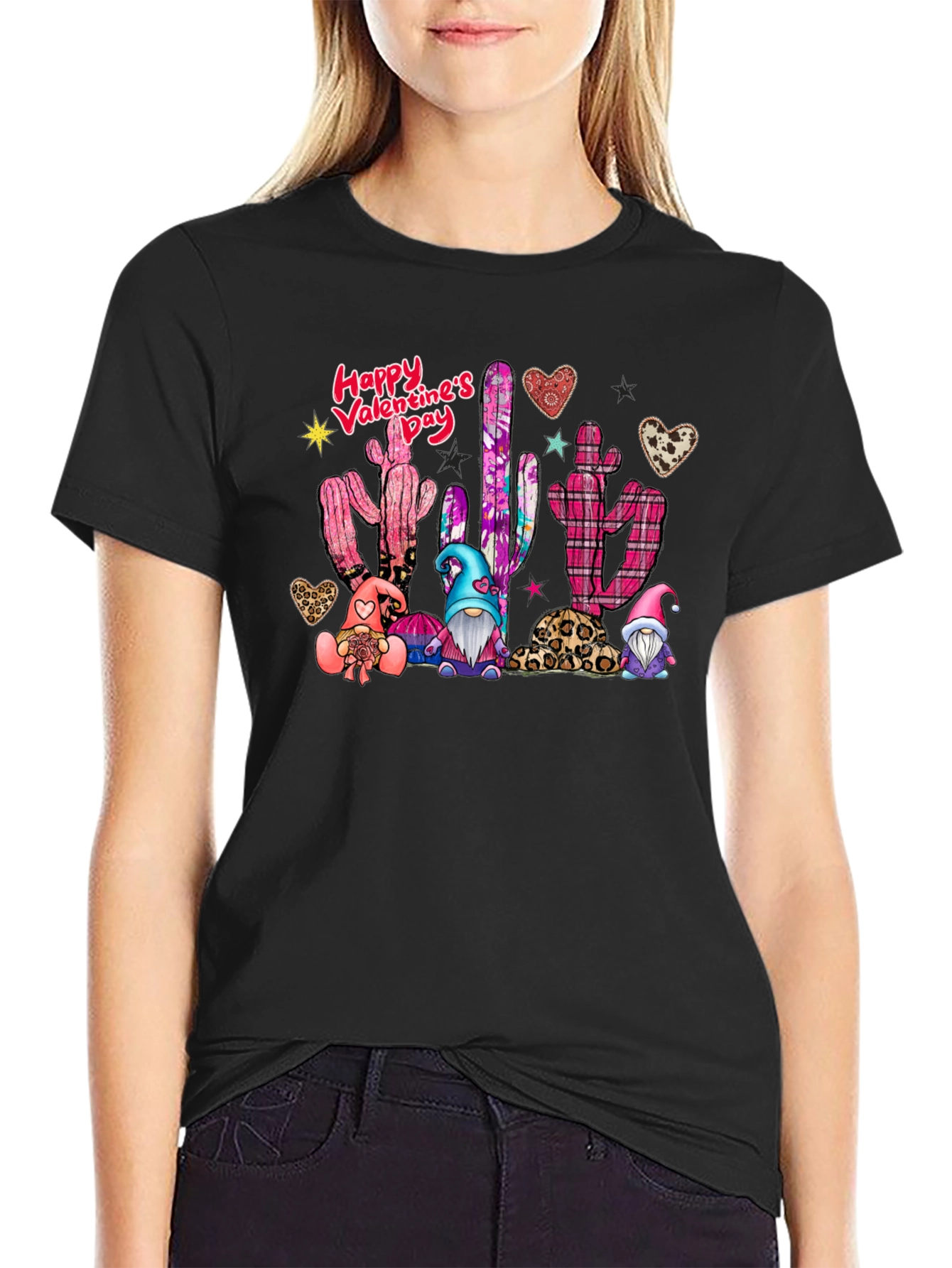 Valentines Day Cactus Gnomes Black T-Shirt