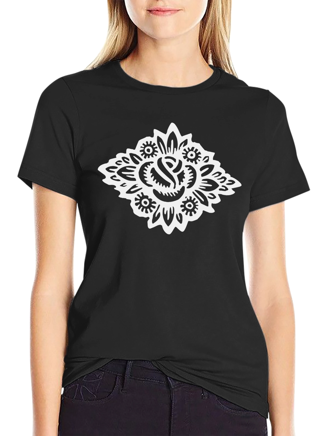 Black T-Shirt with Bold Rose Graphic