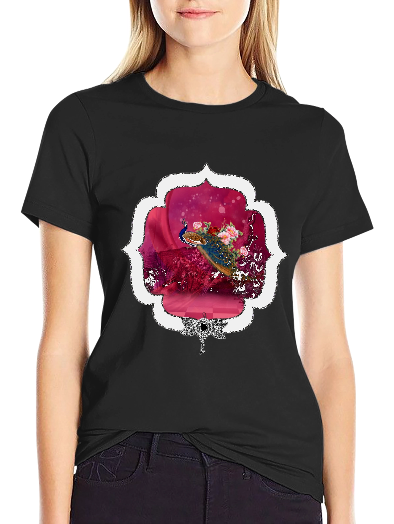 Floral Peacock Graphic Tee - Stylish & Unique