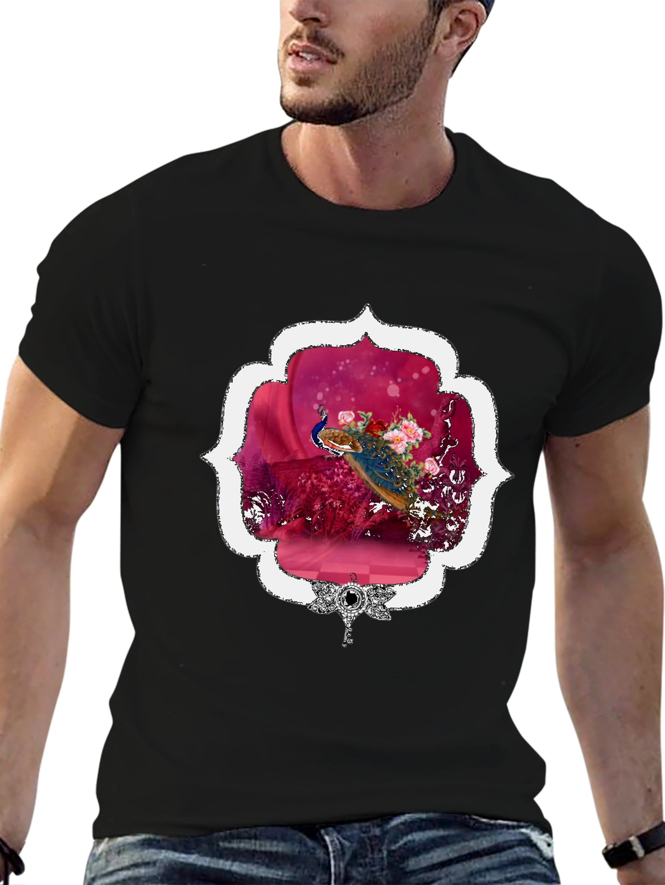 Floral Peacock Graphic Tee - Stylish & Unique