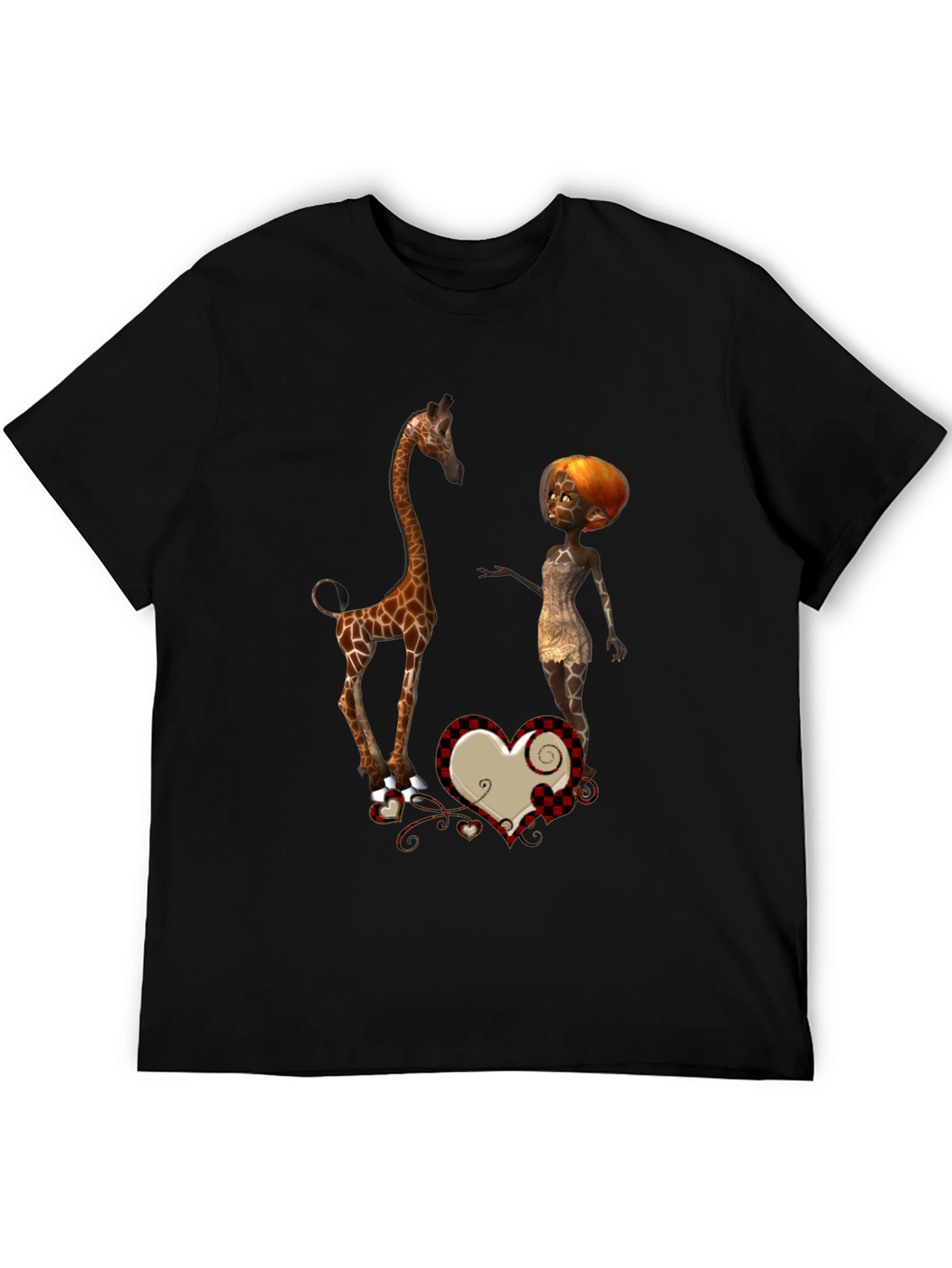 Giraffe & Cartoon Woman Graphic Black T-Shirt