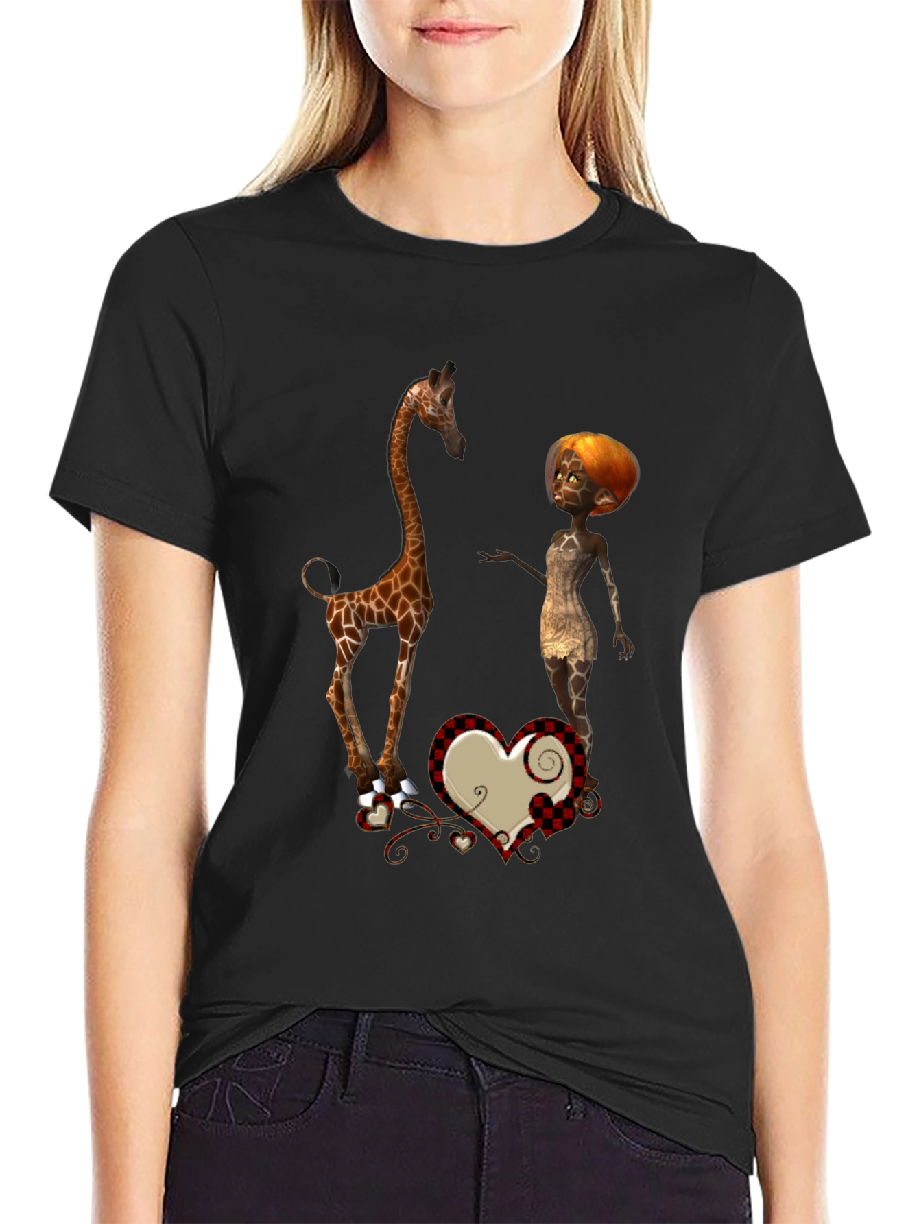 Giraffe & Cartoon Woman Graphic Black T-Shirt