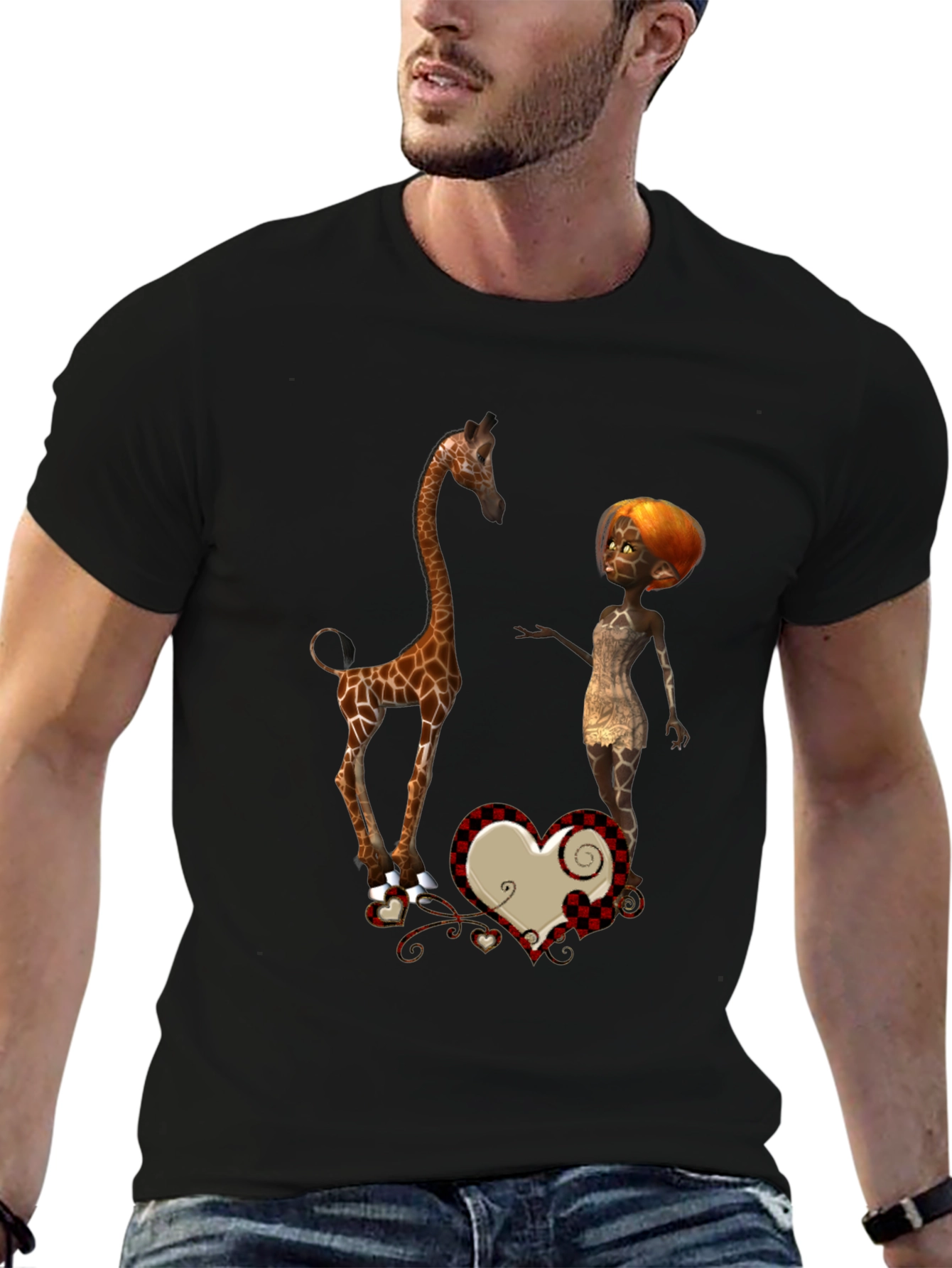 Giraffe & Cartoon Woman Graphic Black T-Shirt