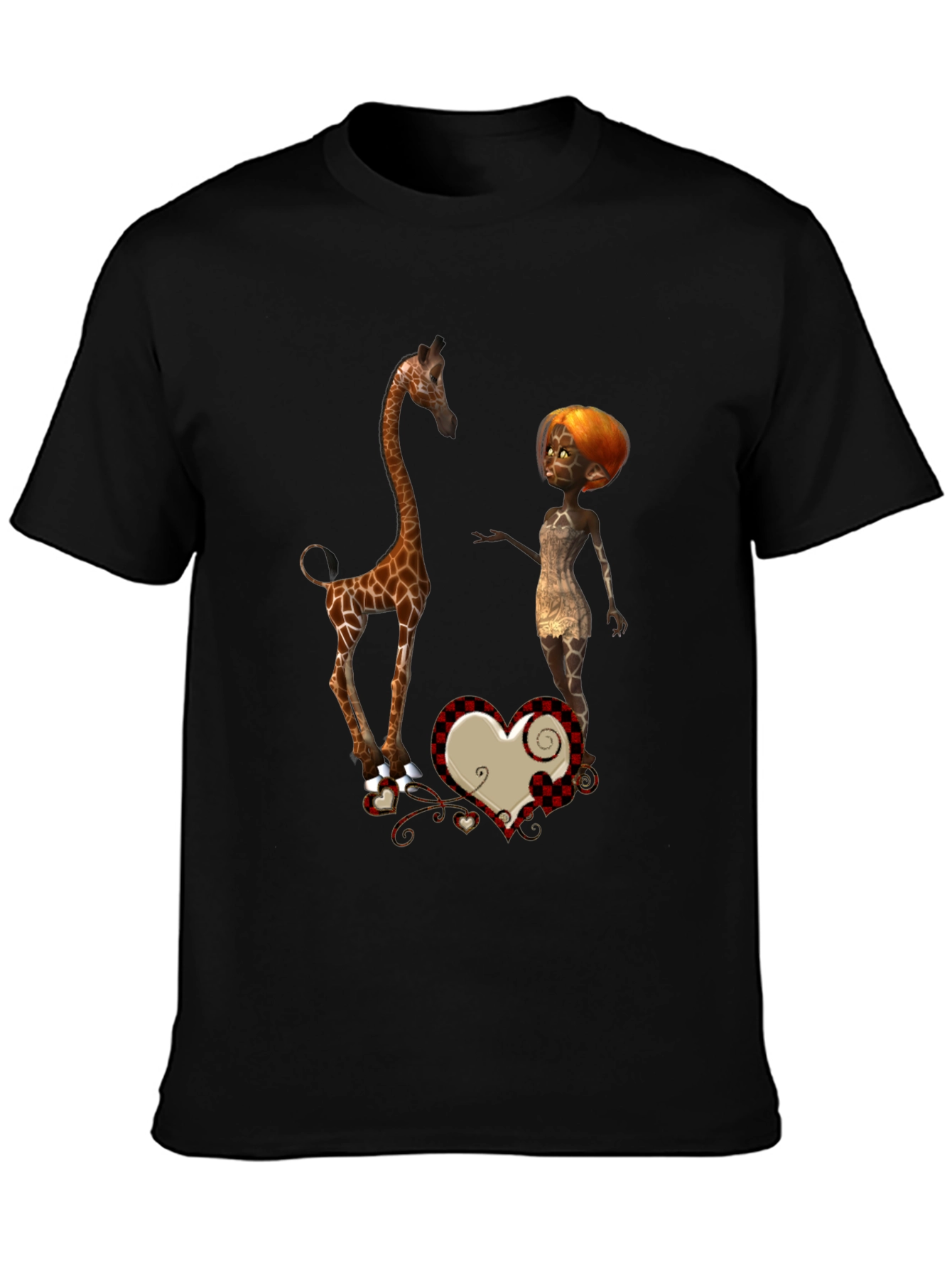 Giraffe & Cartoon Woman Graphic Black T-Shirt