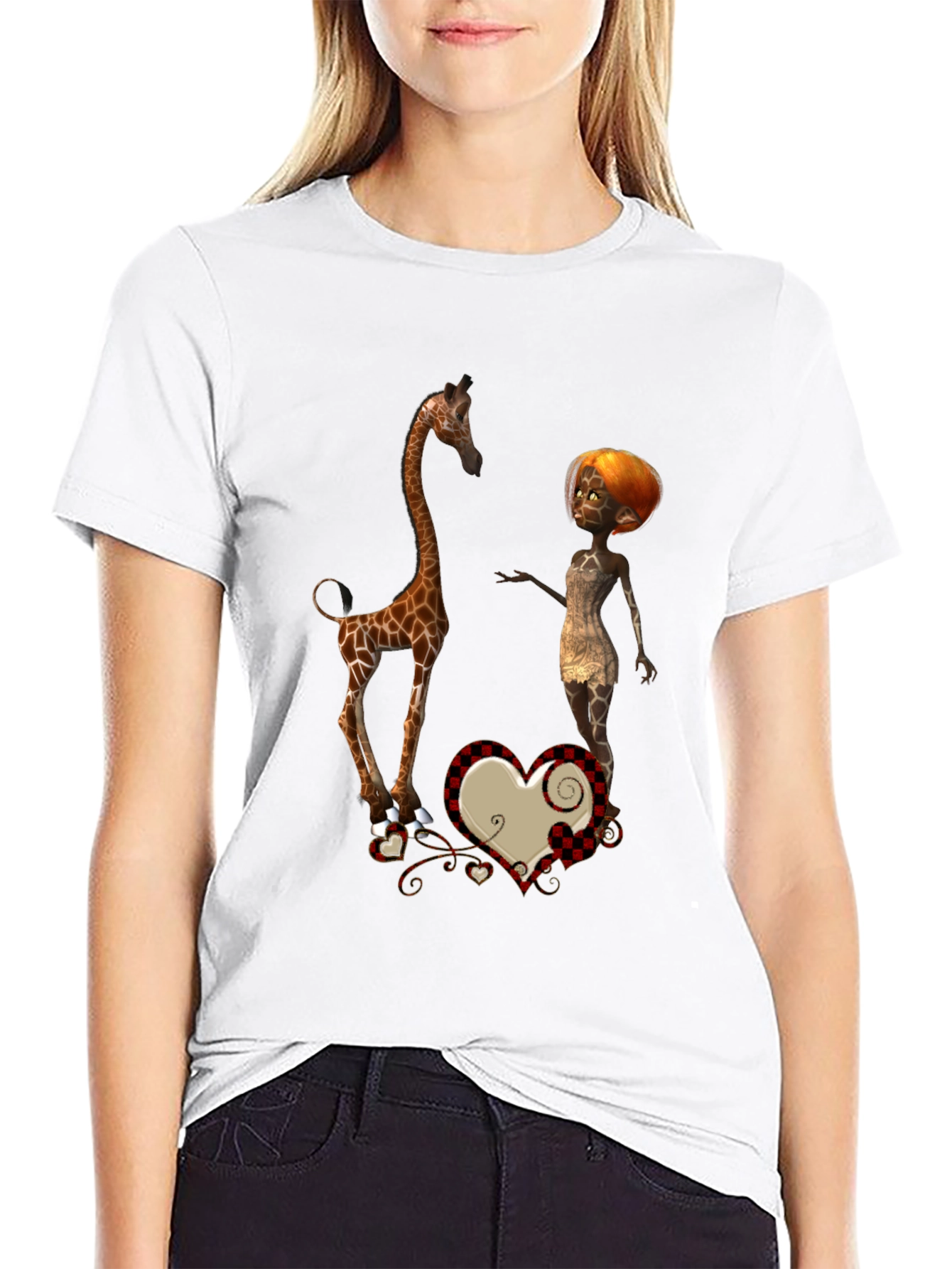 Giraffe & Cartoon Woman Graphic Black T-Shirt