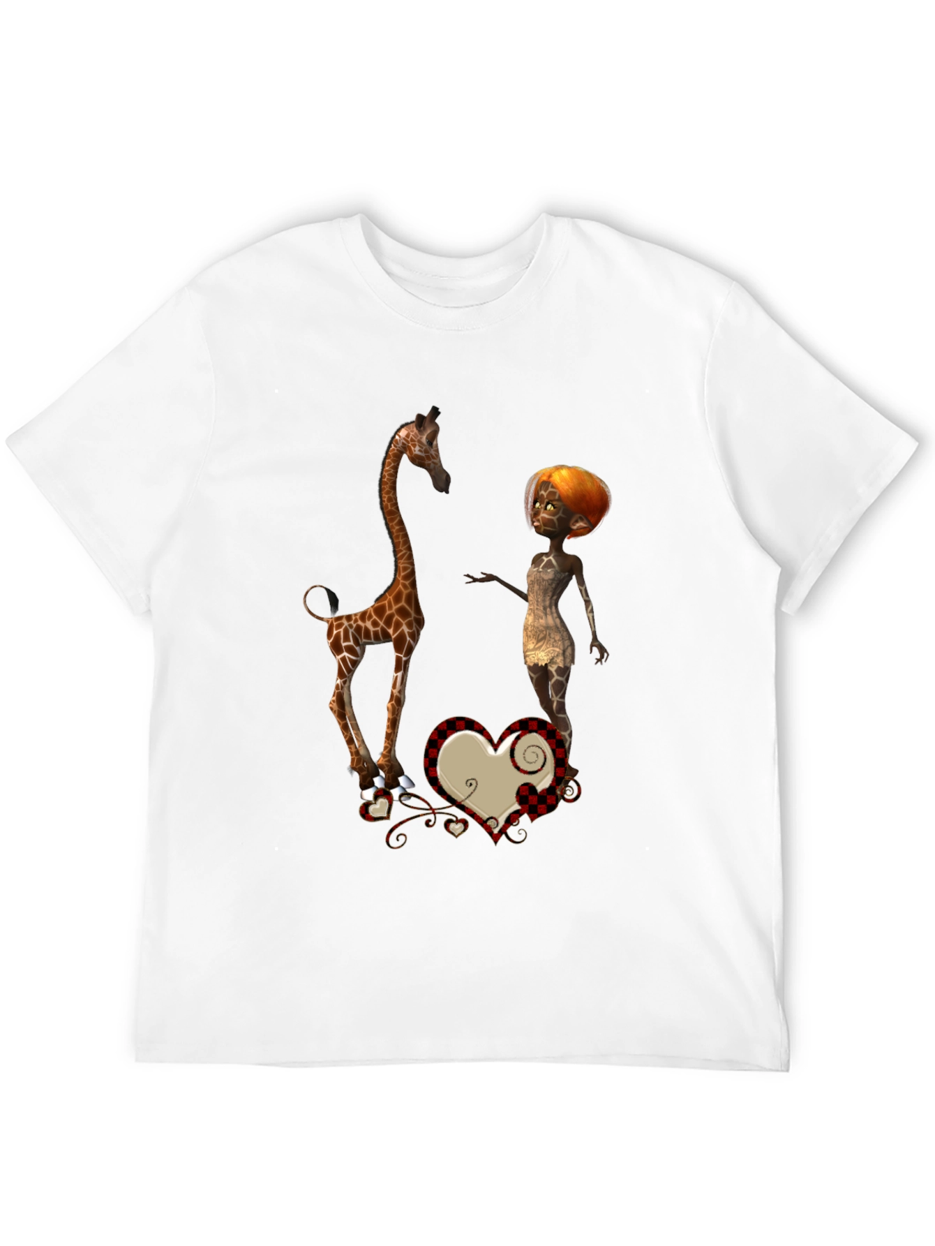 Giraffe & Cartoon Woman Graphic Black T-Shirt