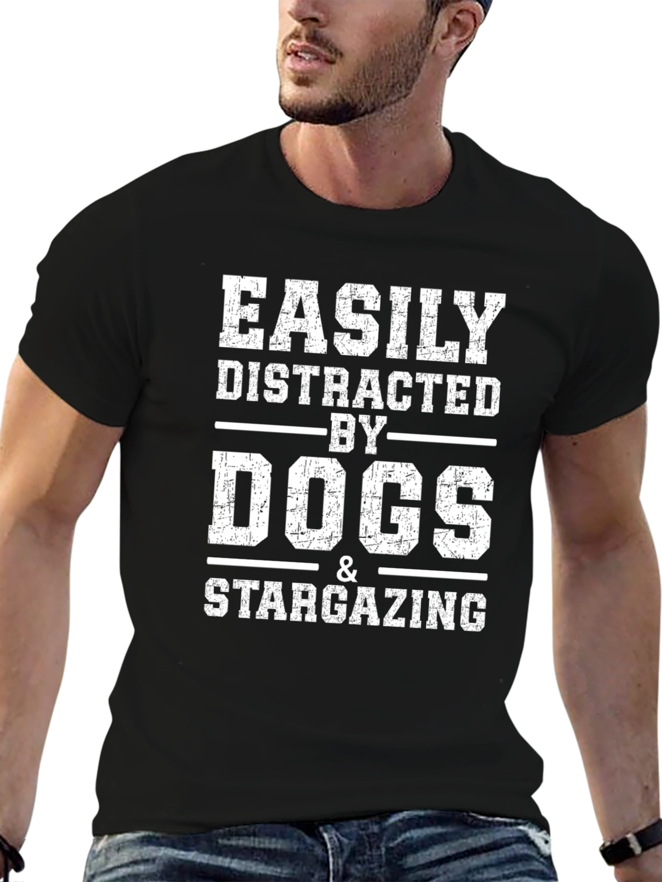 Easily Distracted by Dogs & Stargazing Black T-Shirt