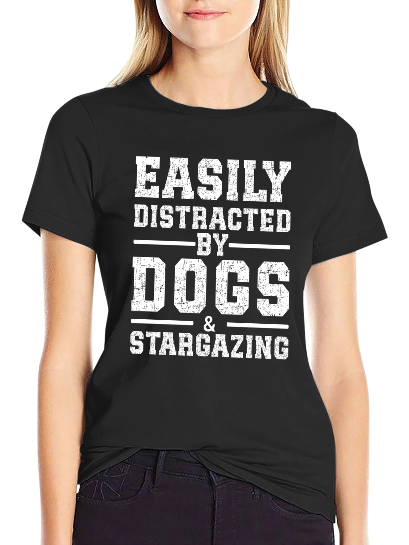 Easily Distracted by Dogs & Stargazing Black T-Shirt