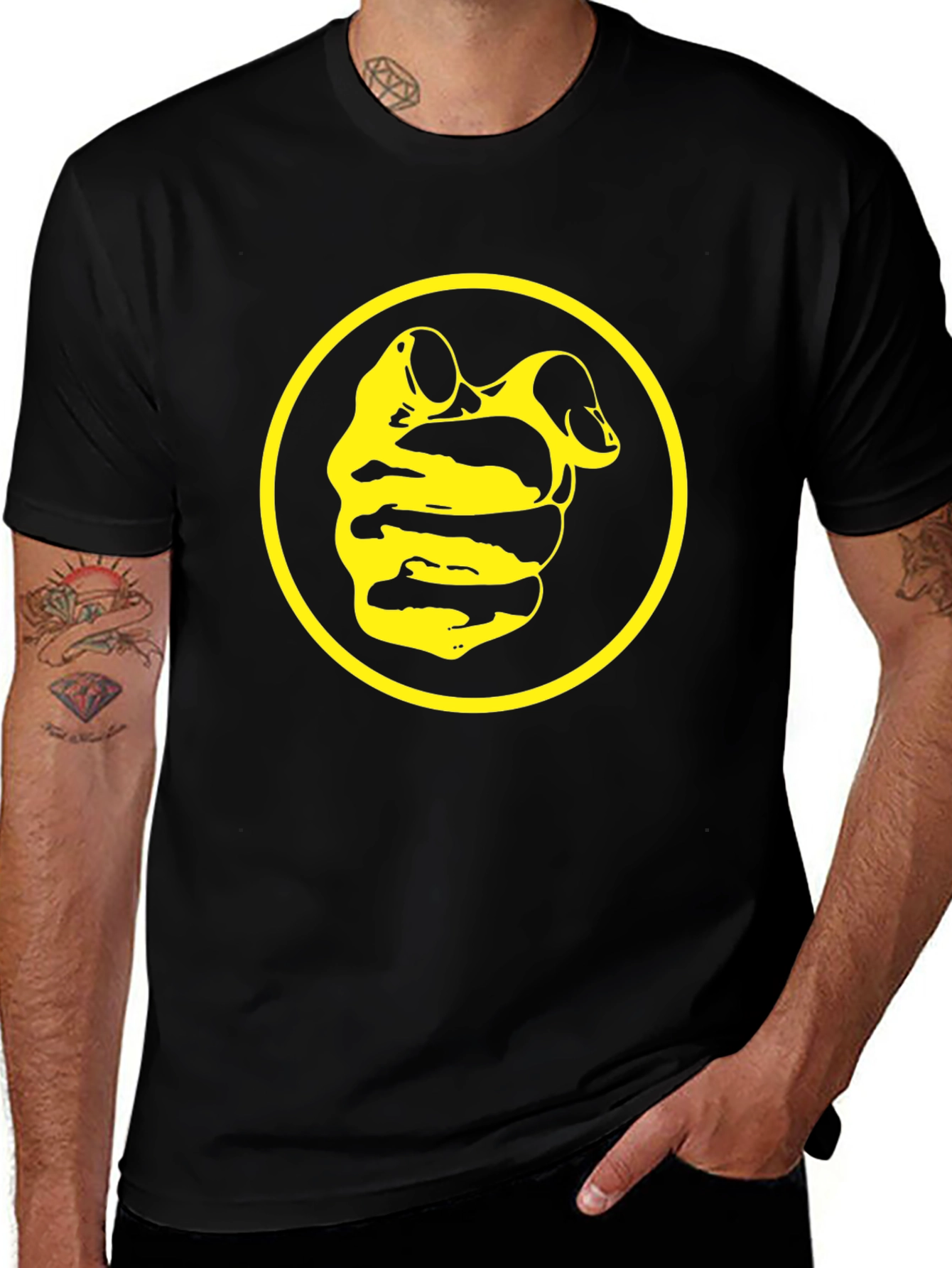Black Tee with Yellow Circle and Abstract Design