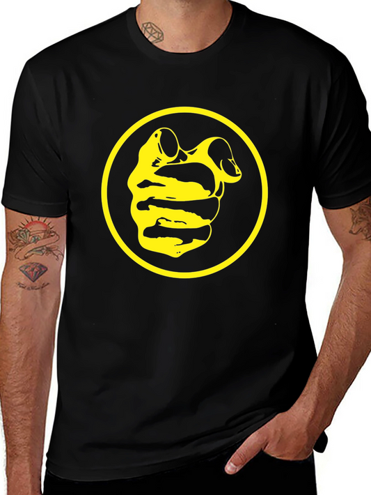 Black Tee with Yellow Circle and Abstract Design