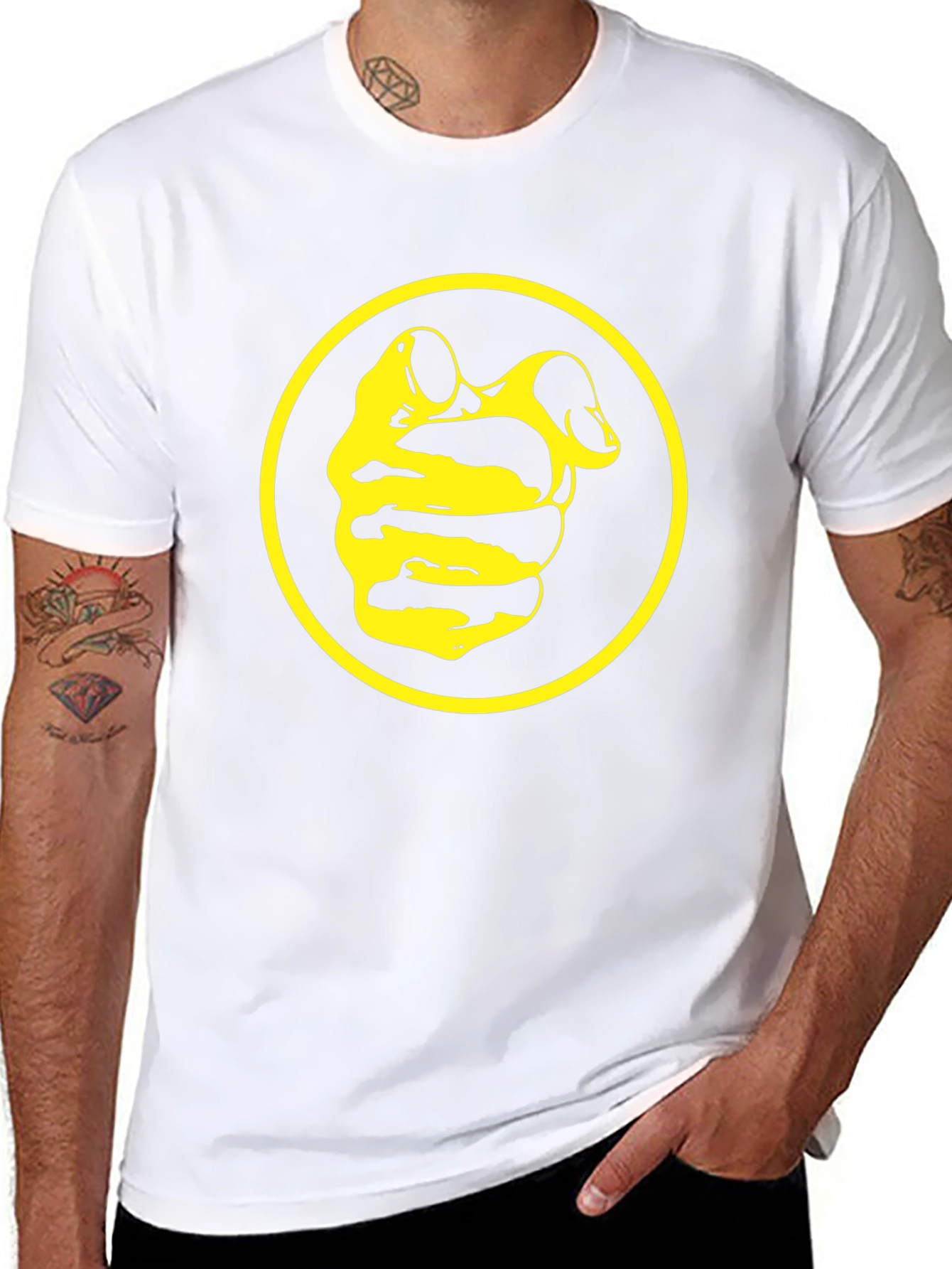 Black Tee with Yellow Circle and Abstract Design