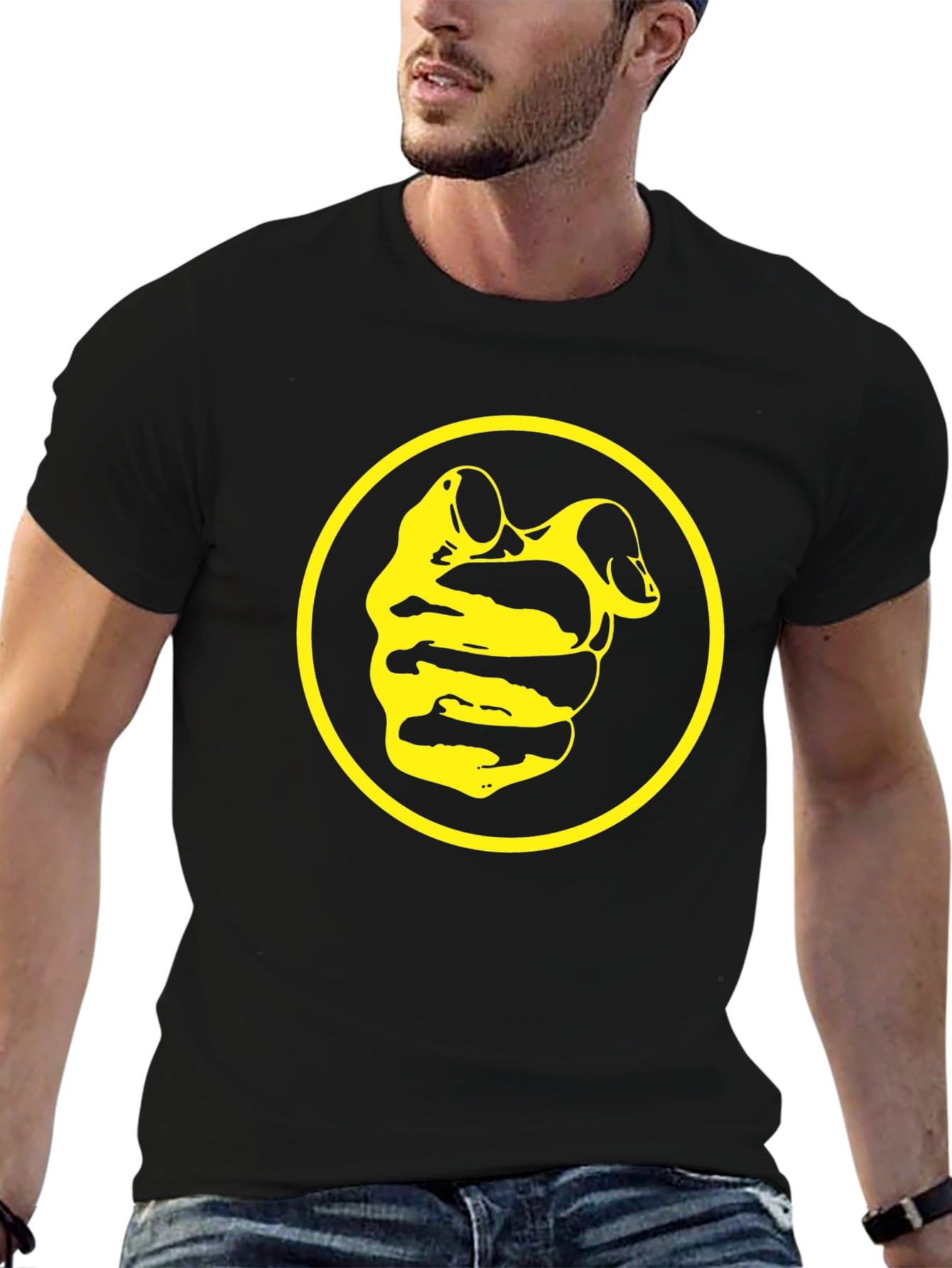 Black Tee with Yellow Circle and Abstract Design