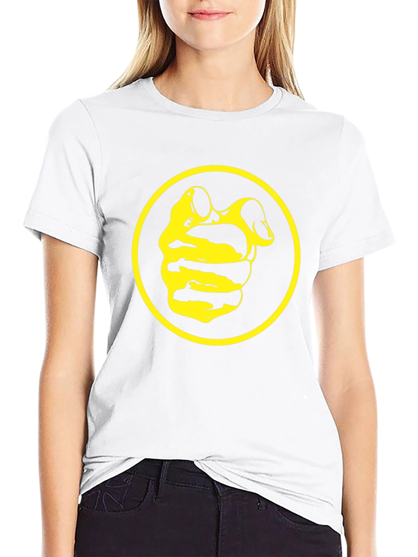 Black Tee with Yellow Circle and Abstract Design