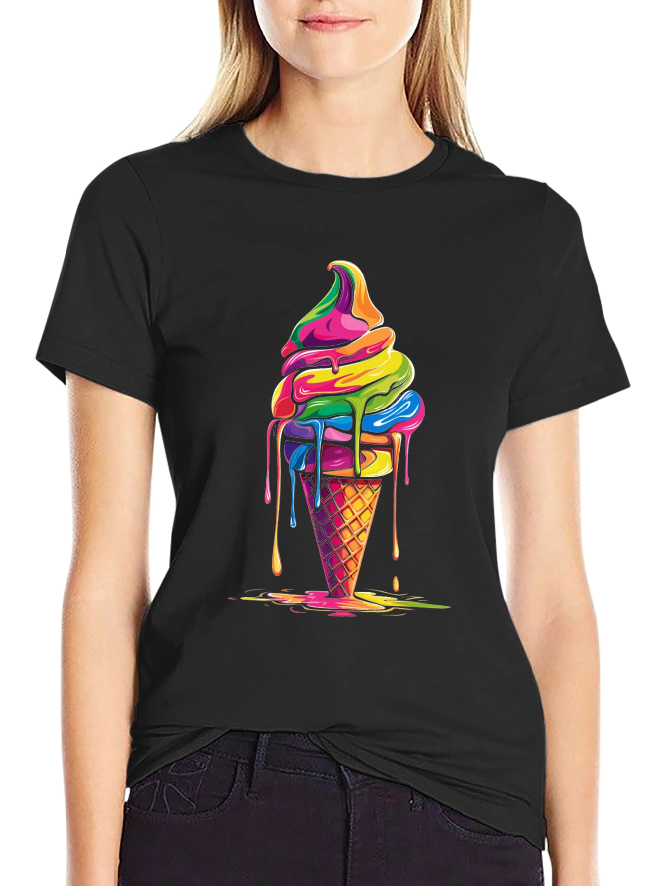Rainbow Ice Cream Graphic Black T-Shirt
