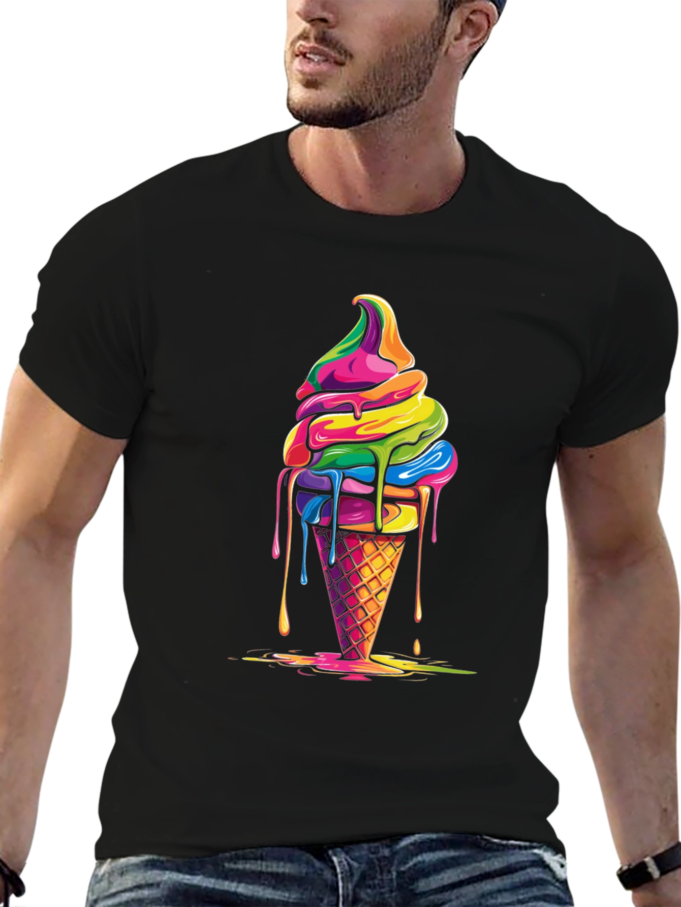 Rainbow Ice Cream Graphic Black T-Shirt