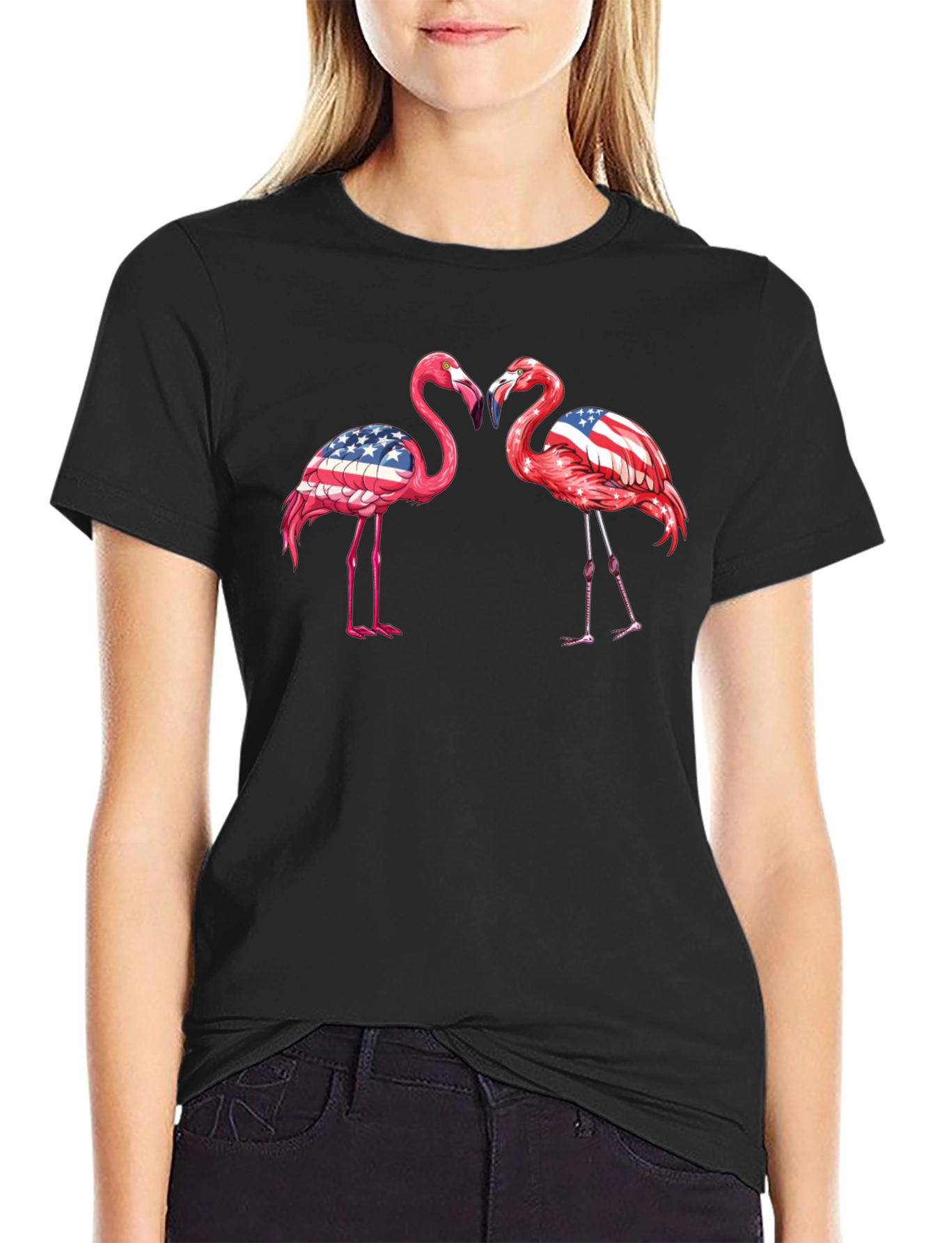 Patriotic Flamingo USA Flag Graphic T-Shirt