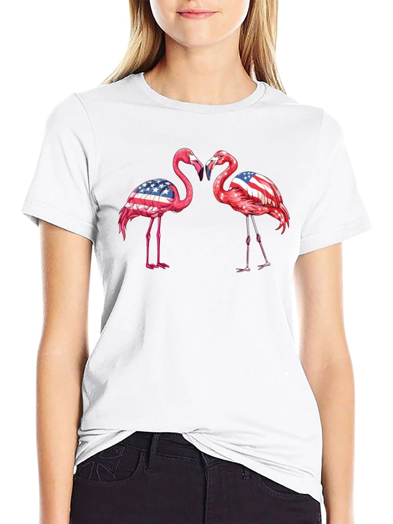 Patriotic Flamingo USA Flag Graphic T-Shirt