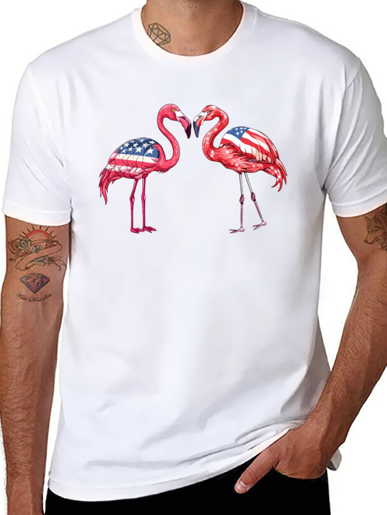 Patriotic Flamingo USA Flag Graphic T-Shirt