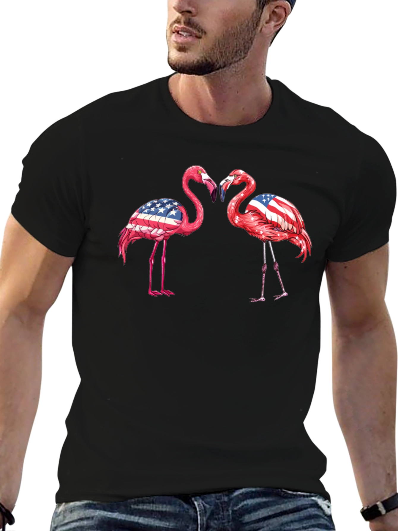 Patriotic Flamingo USA Flag Graphic T-Shirt