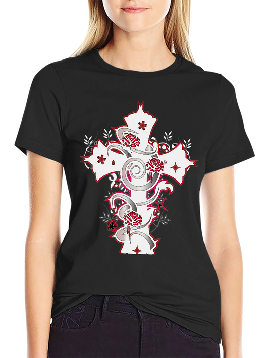 Black T-Shirt with Cross & Roses Graphic