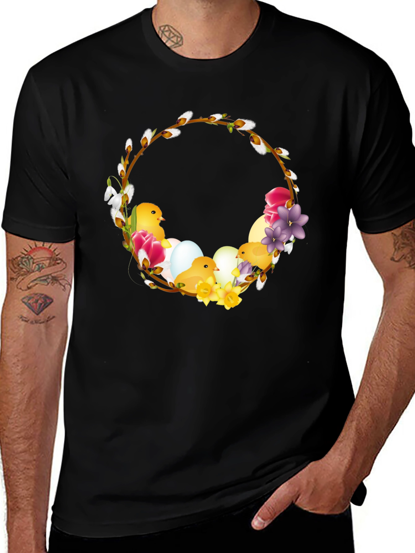 Easter Chick Wreath Black T-Shirt