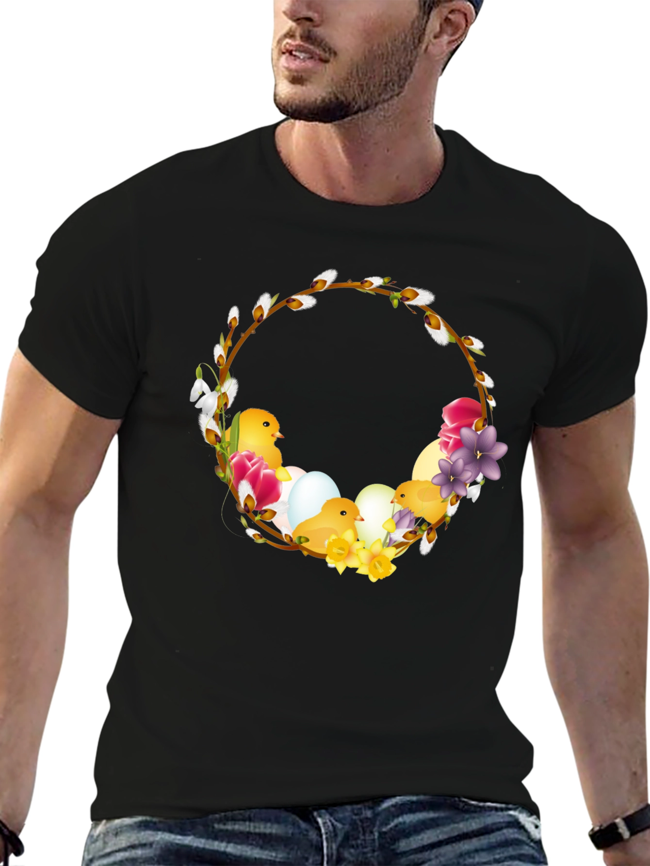 Easter Chick Wreath Black T-Shirt