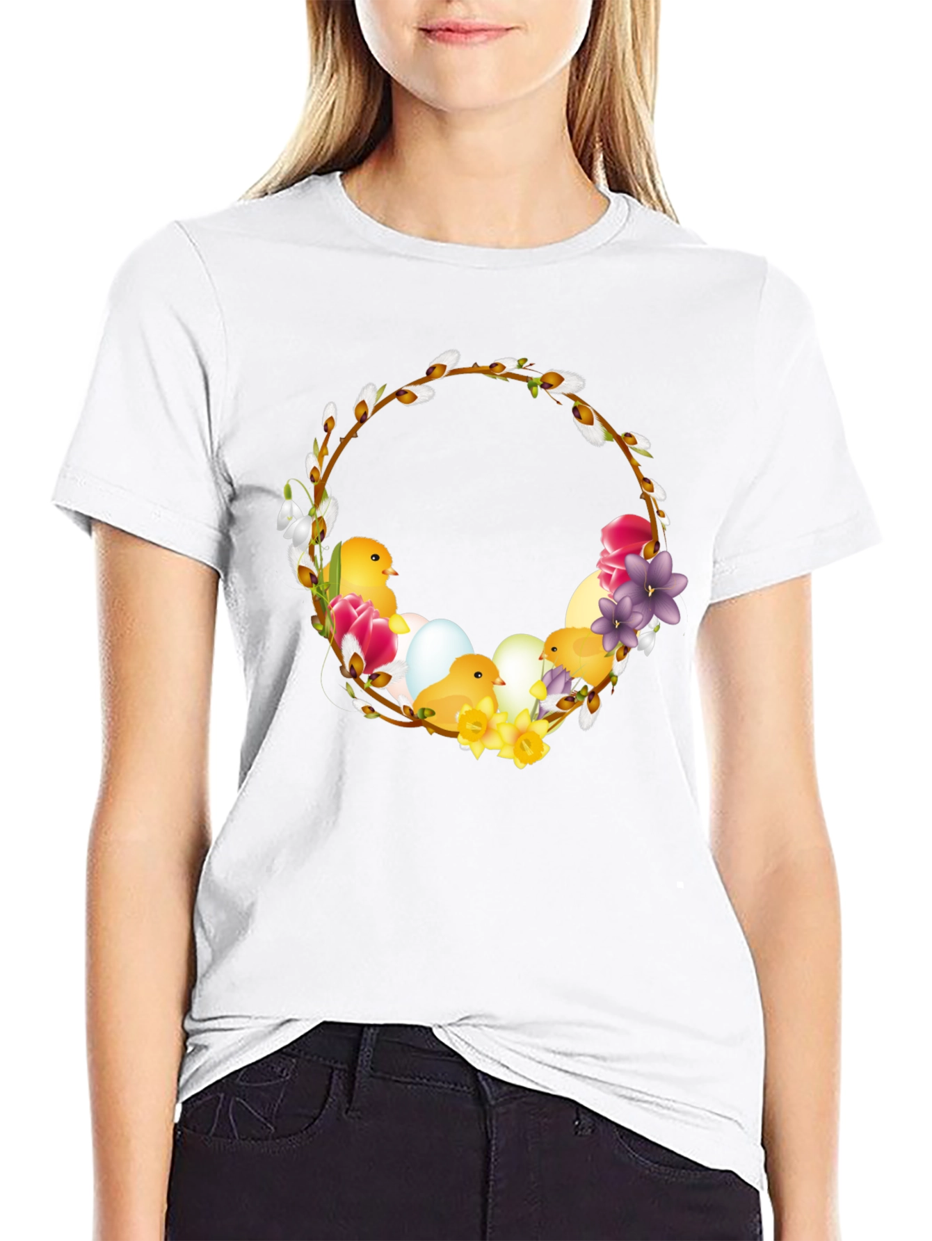 Easter Chick Wreath Black T-Shirt