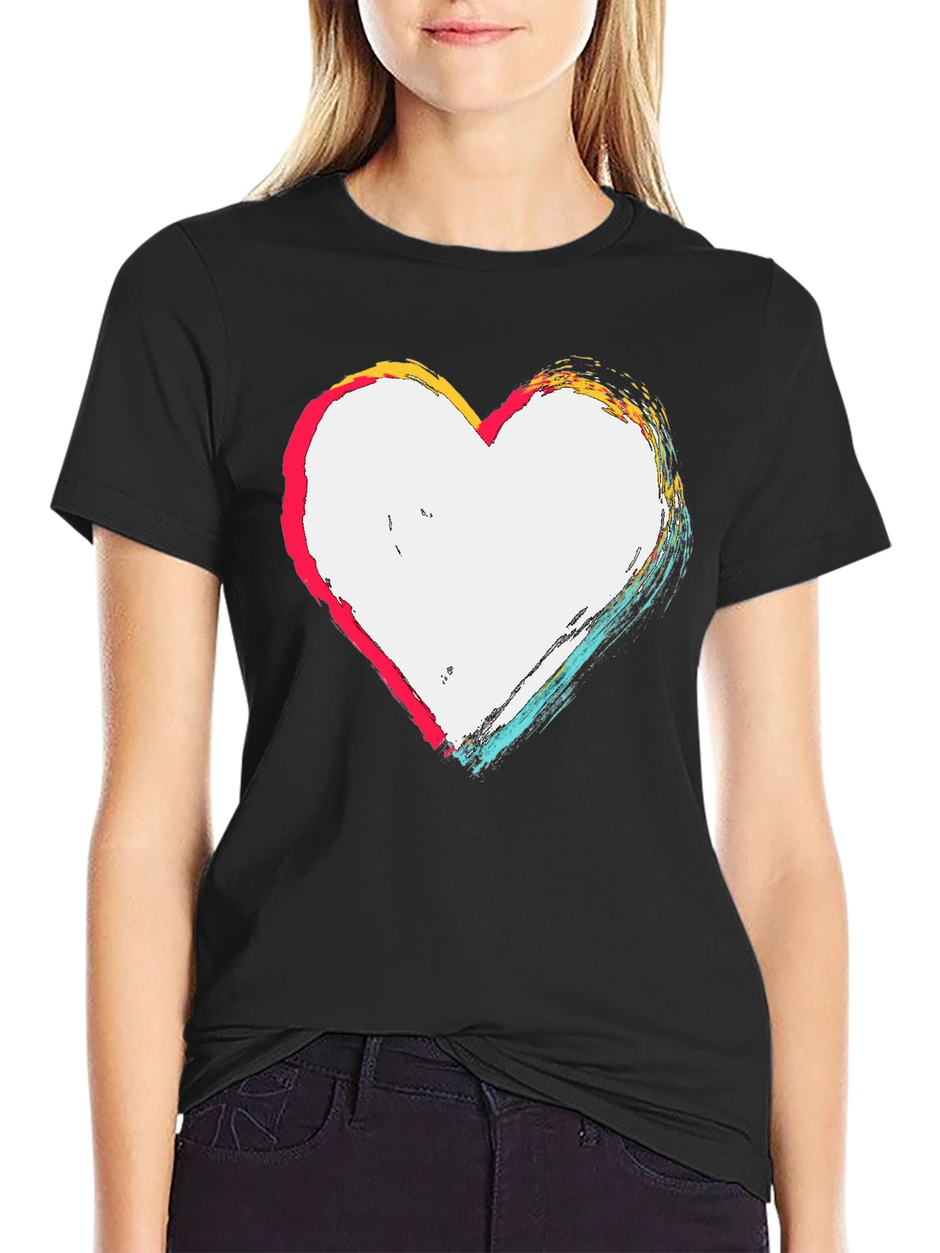 Abstract Heart Graphic T-Shirt - Casual Black Tee