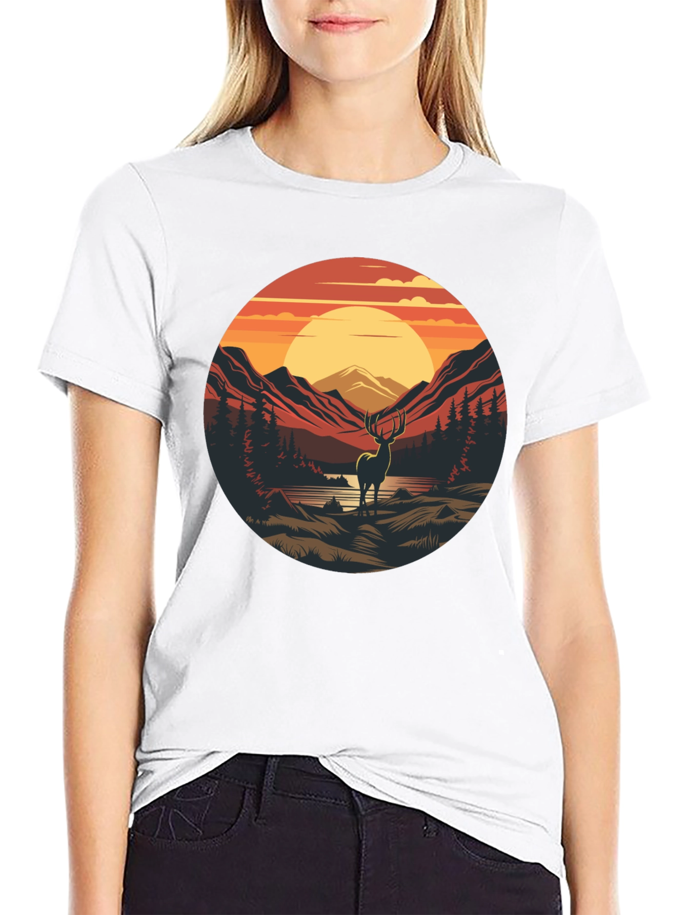 Nature Deer Graphic Black T-Shirt