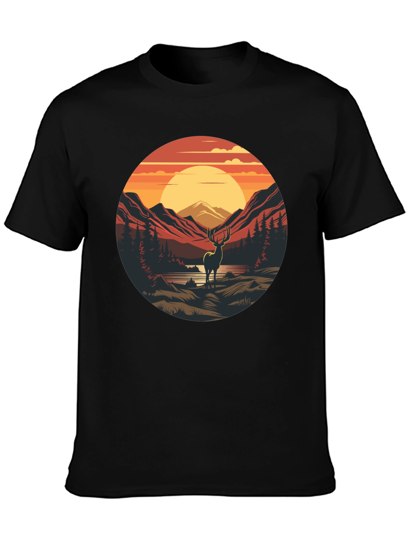 Nature Deer Graphic Black T-Shirt