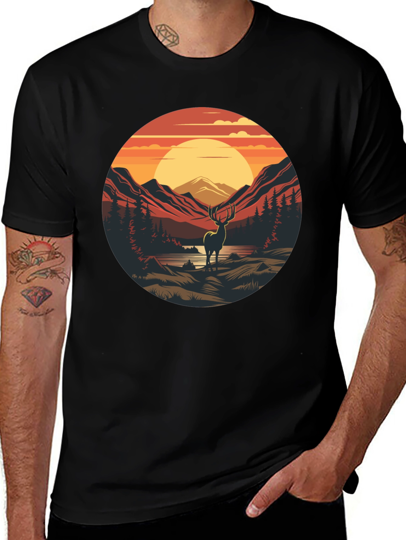 Nature Deer Graphic Black T-Shirt