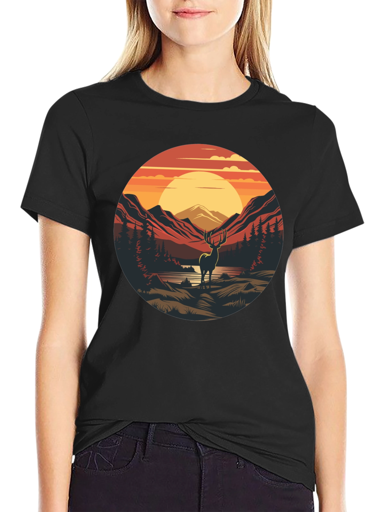 Nature Deer Graphic Black T-Shirt