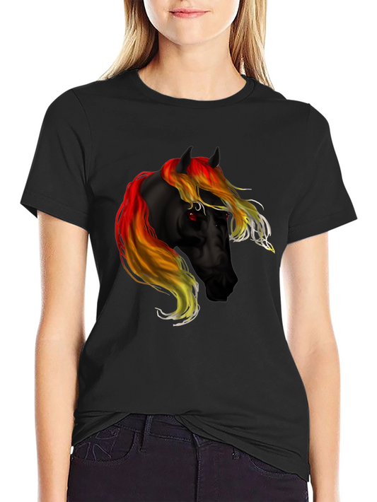 Black T-Shirt with Fiery Horse Graphic