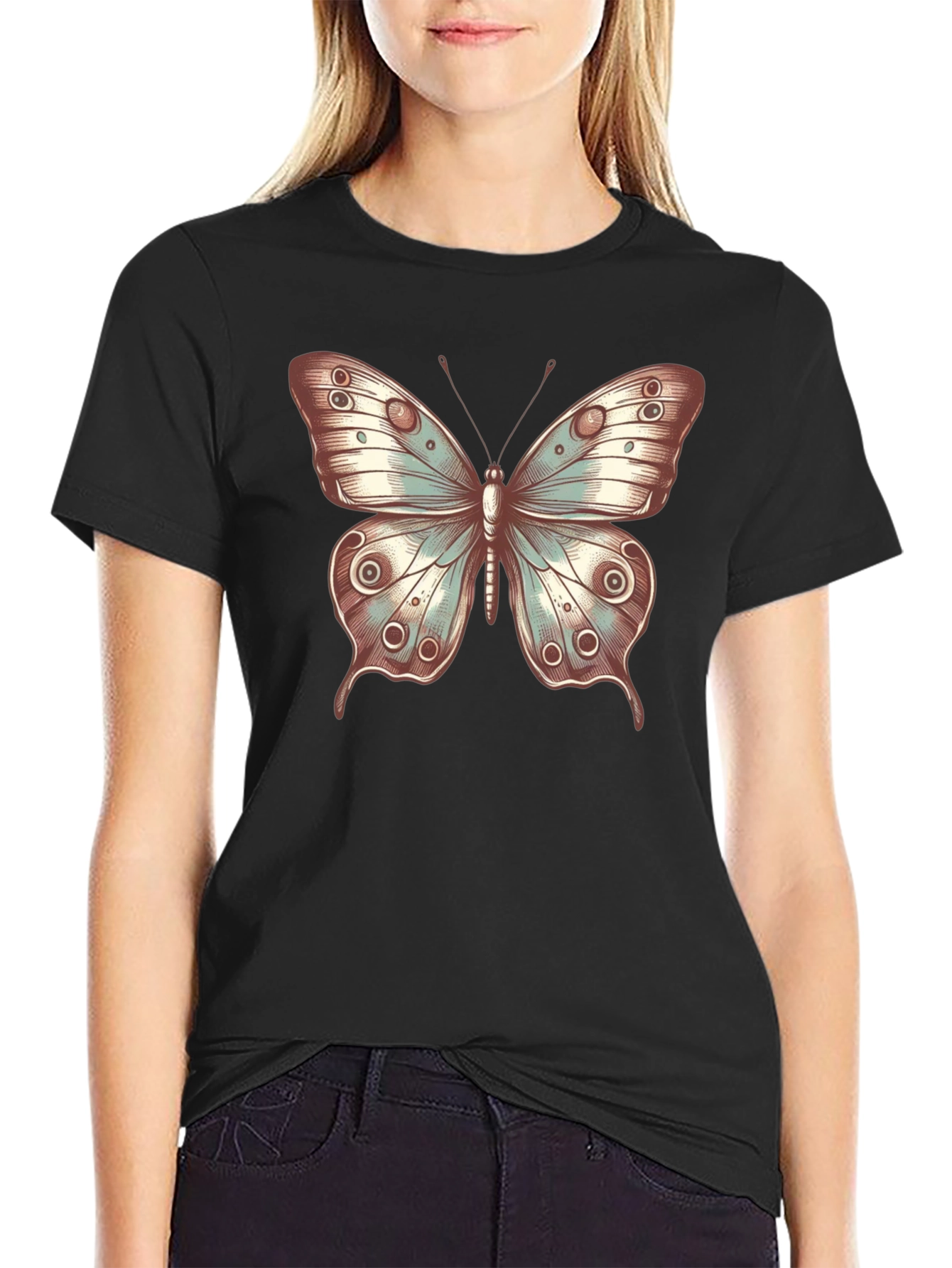 Butterfly Print Crew Neck T-Shirt - Stylish Casual Tee