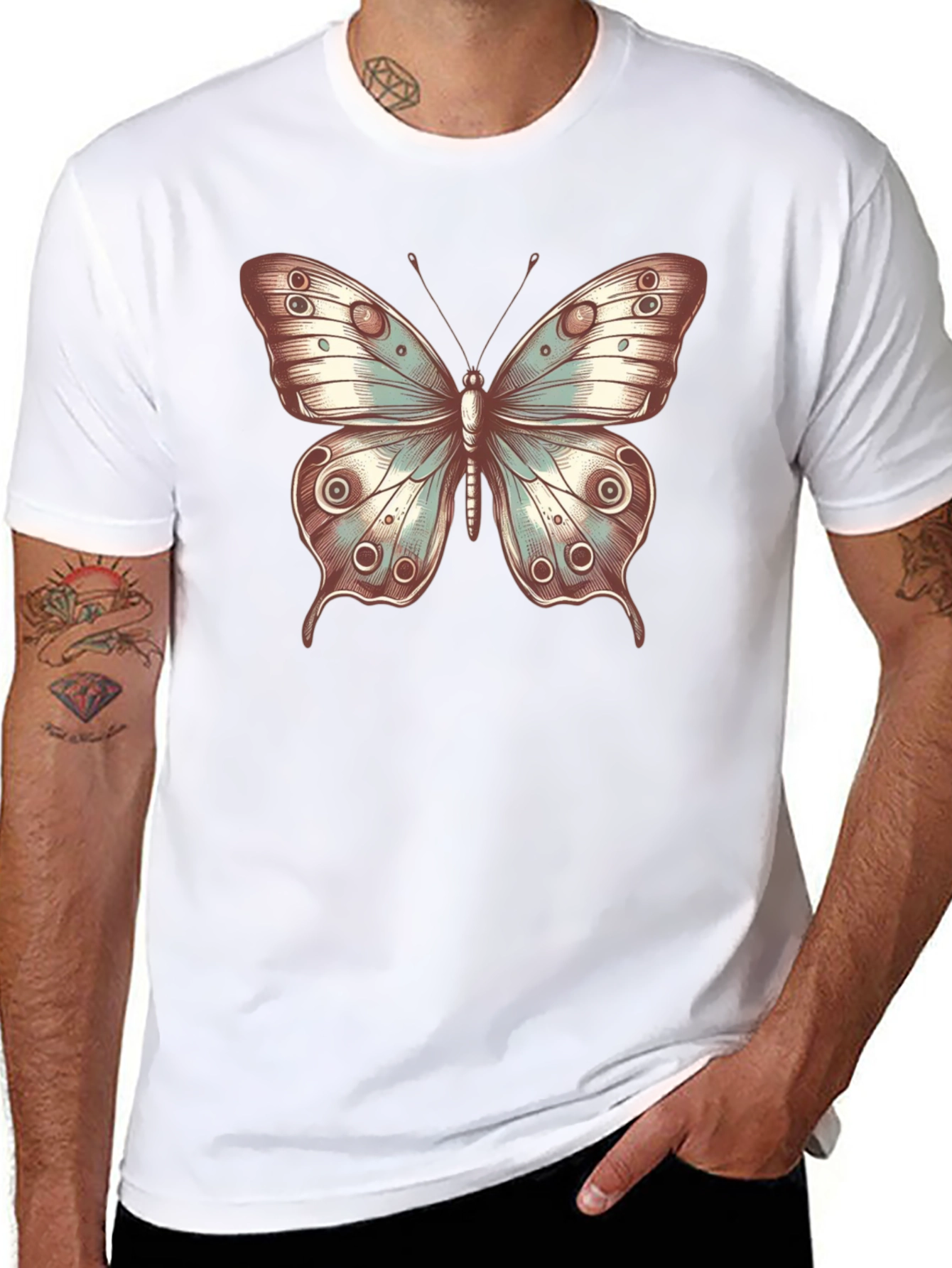 Butterfly Print Crew Neck T-Shirt - Stylish Casual Tee