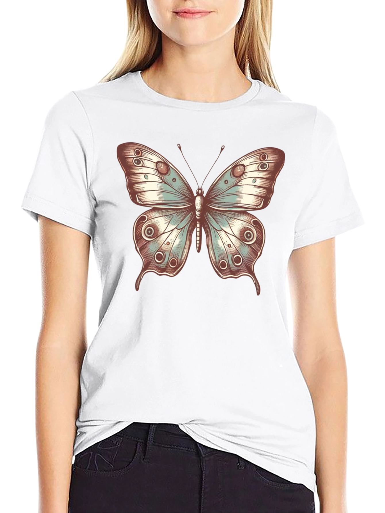Butterfly Print Crew Neck T-Shirt - Stylish Casual Tee