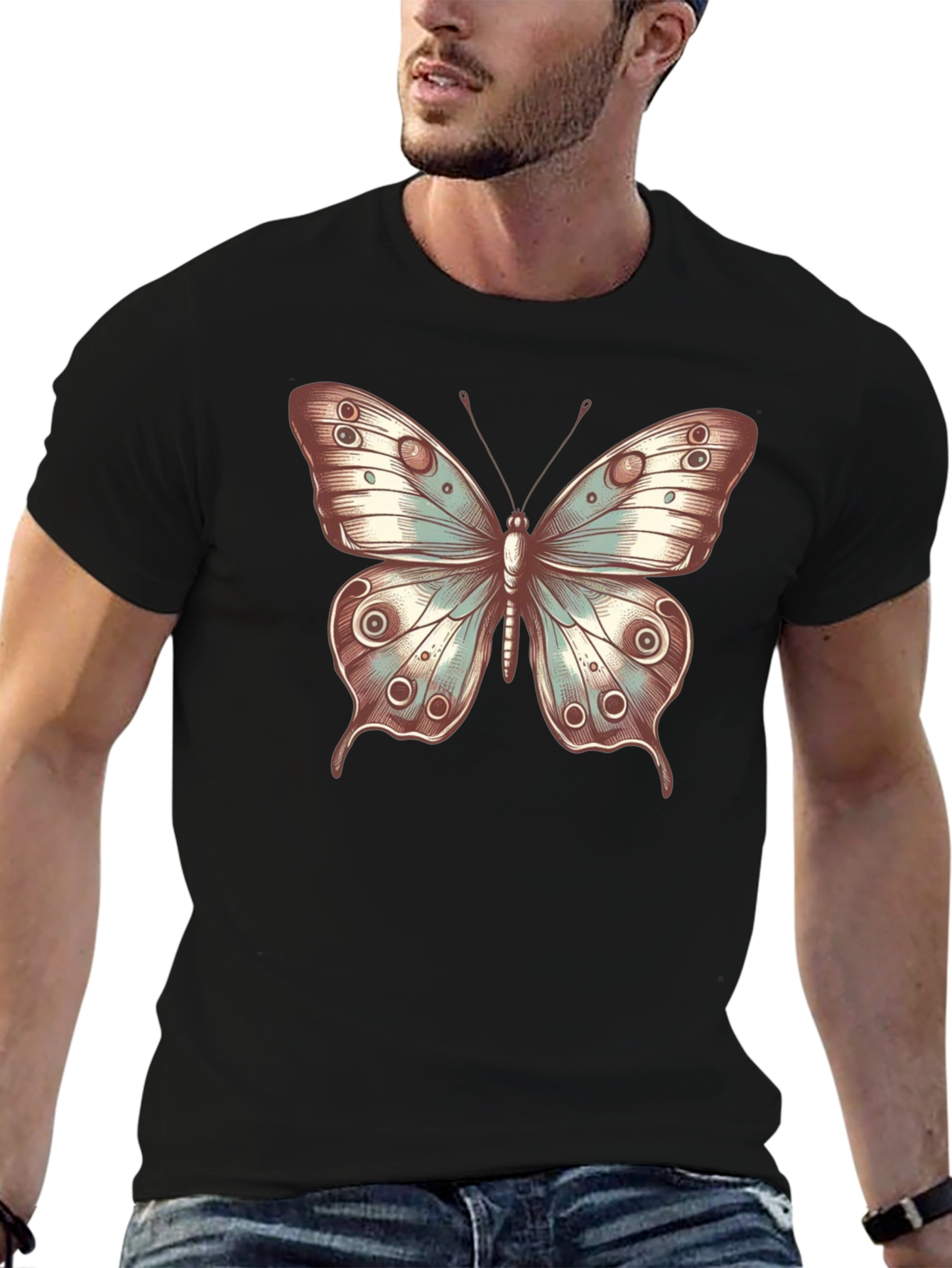 Butterfly Print Crew Neck T-Shirt - Stylish Casual Tee