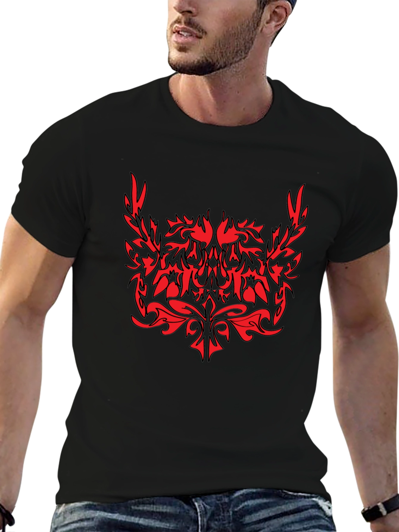 Tribal Graphic Black T-Shirt - Red Accent