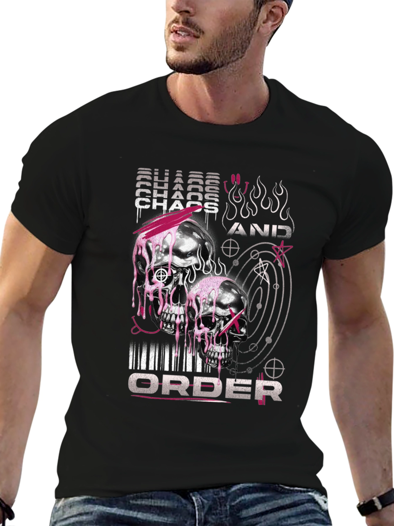 Chaos and Order Graphic T-Shirt - Skull Design