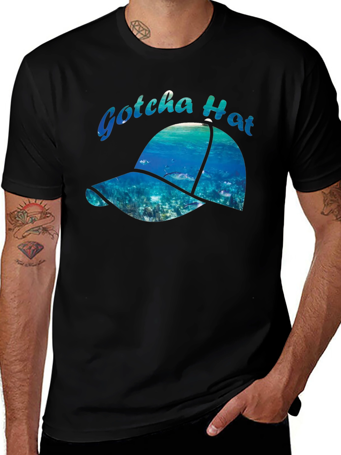 Gotcha Hat Black Graphic T-Shirt - Ocean Design