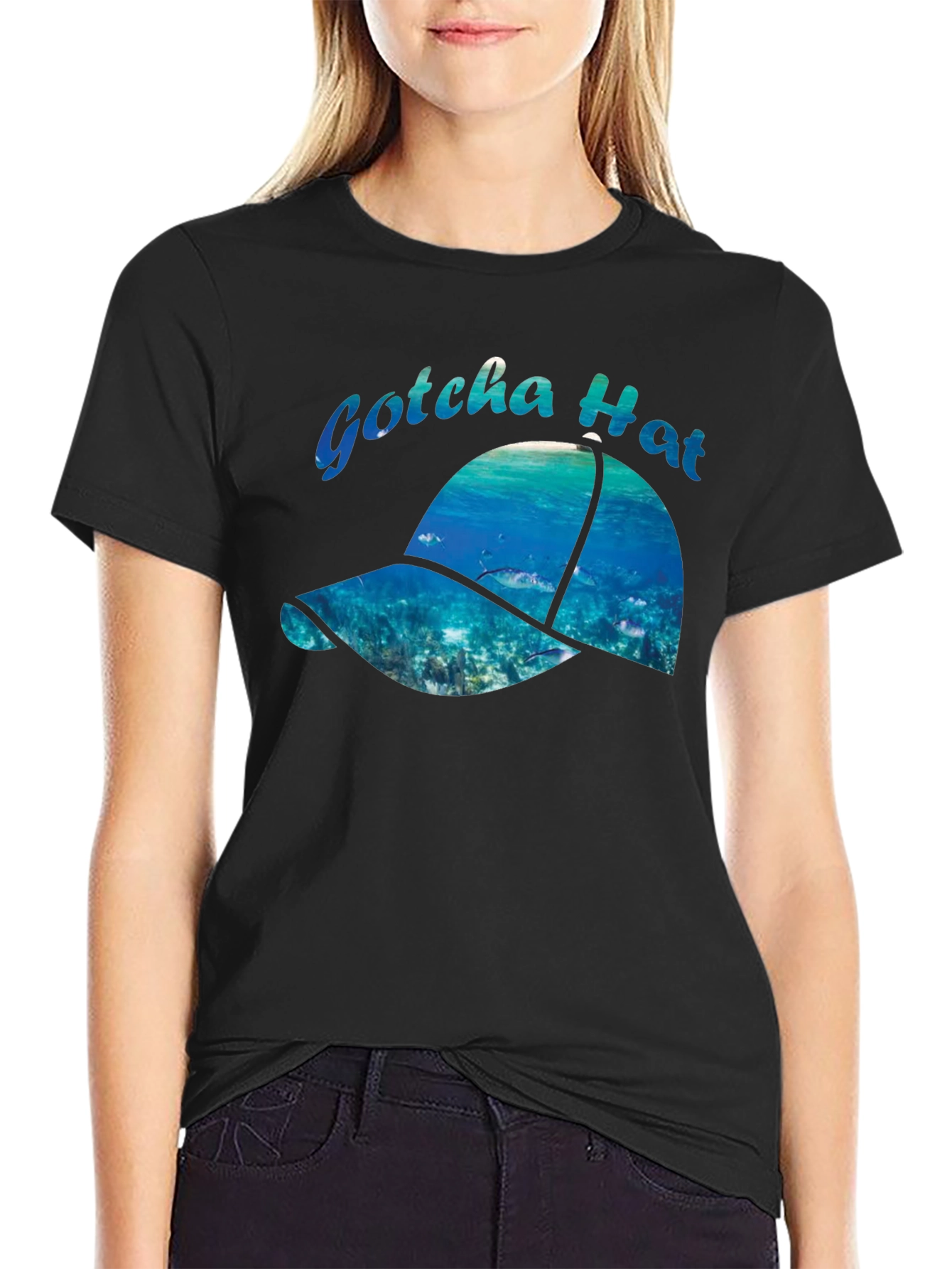 Gotcha Hat Black Graphic T-Shirt - Ocean Design