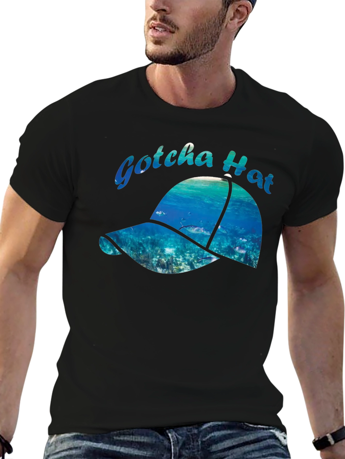 Gotcha Hat Black Graphic T-Shirt - Ocean Design