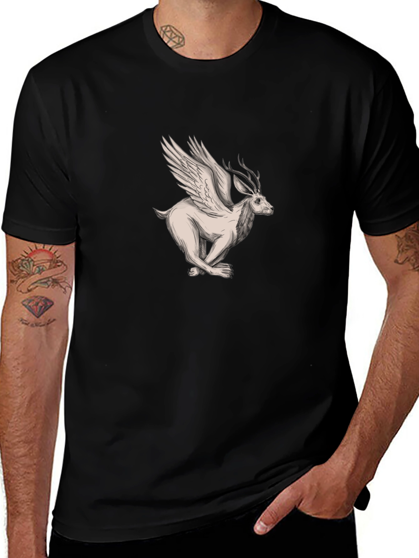 Winged Deer Graphic Tee - Mens Black T-Shirt